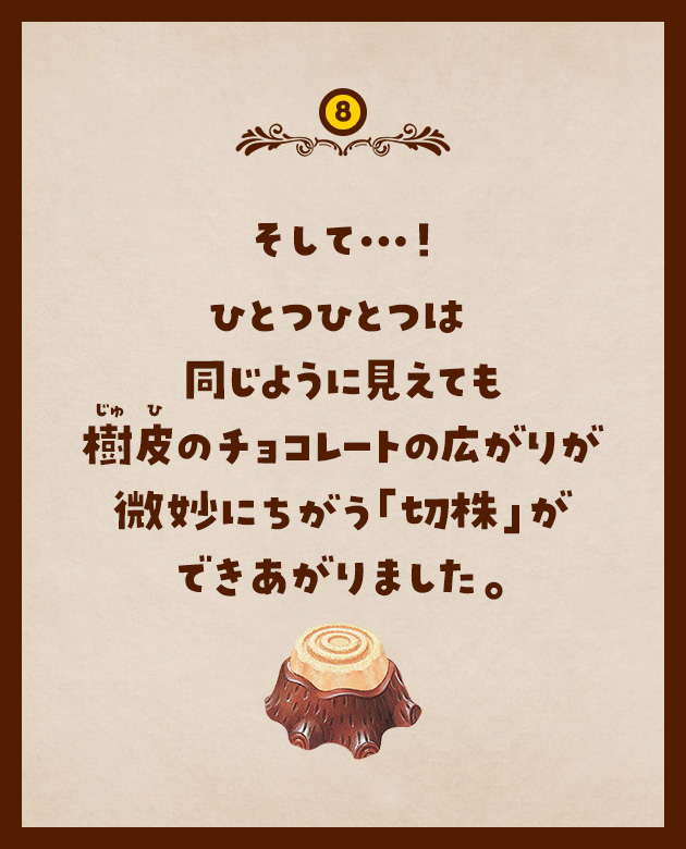 8 そして…！ひとつひとつは同じように見えても樹皮のチョコレートの広がりが微妙にちがう「切株」ができあがりました。
